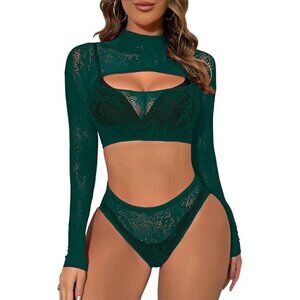 Women's Green Lingerie Imported Front Open Bodysuit Sexy Nightwear Pajamas Set